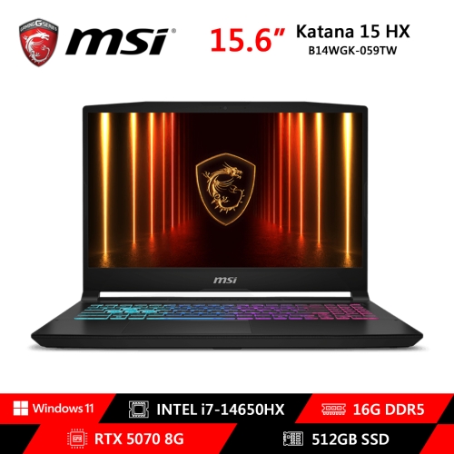 [MSI 微星]《Katnan 15 HX B14WGK-059TW》15.6"/QHD 165Hz/i7-14650HX/16GB/512G PCIe/RTX5070-8G/WIN11