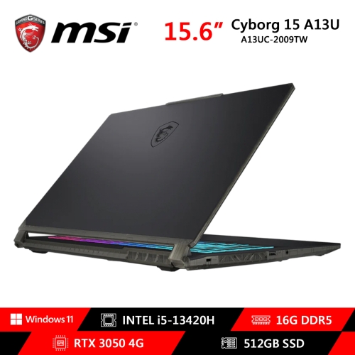 [MSI 微星]《Cyborg 15-A13UC-2009TW》15.6吋FHD/144Hz/i5-13420H/16G D5/512G PCIe/RTX3050 4G/Win11