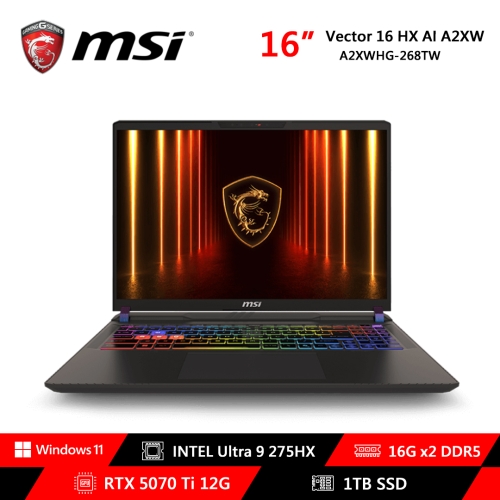 [MSI 微星]《Vector 16 HX AI A2XWHG-268TW》16吋16:10 QHD+/240Hz/Ultra 9-275HX/16G*2/1TB PCIe/RTX5070Ti-12G/Win11